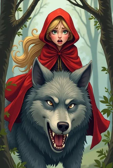  Create an illustration for the fairy tale Masha and the Bear
She has long hair, Little Red Riding Hood, frightened look, Sitting on a wolf, grey wolf , with teeth