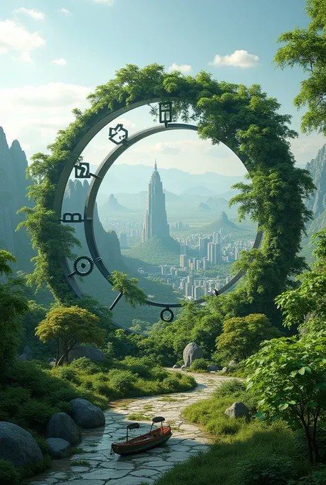 Create an image of the dial of a completely ecological city immersed in nature