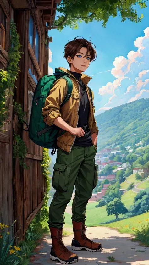 "A young man with short brown hair and blue eyes, wearing a tan hiking jacket, green cargo shorts, and brown hiking boots, stands on a grassy hill overlooking a valley. He has a green backpack on and his hands are in his pockets. The valley below is filled...