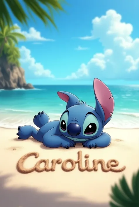 Stitch sur la plage avec écrit le prénom Caroline 