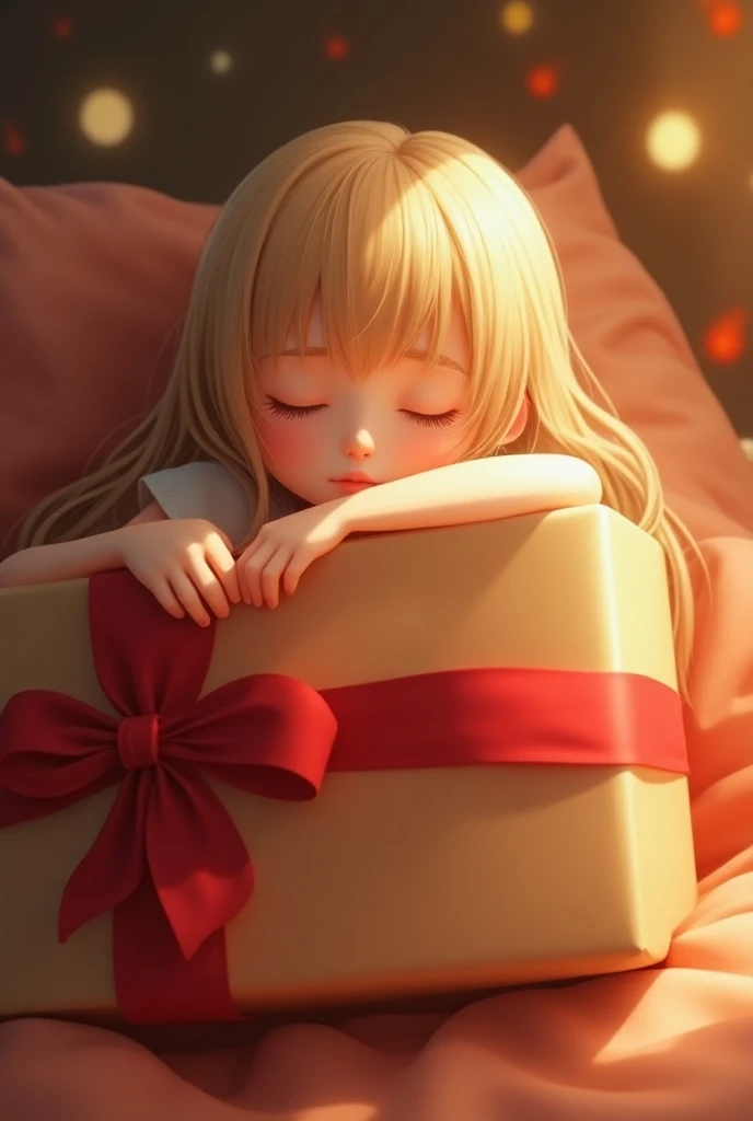 A Thai girl with blonde hair is sleeping in a huge gift box that fit to her whole body, a red ribbon is horizontally conceal her large breast, warm light, masterpiece, 8k resolution