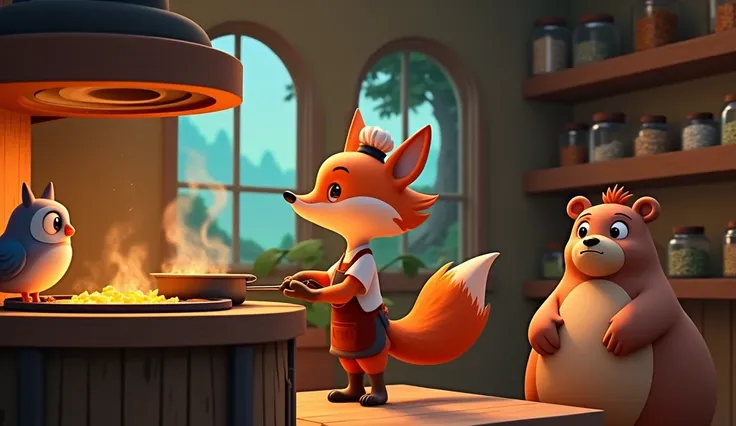 An anthropomorphic scene in a whimsical forest kitchen. A clever fox, wearing a chefs hat and apron, stands in front of a large wooden stove. On the stove, a pot of stew simmers with an owl perched on the edge, looking curiously into the pot. The bear, lar...