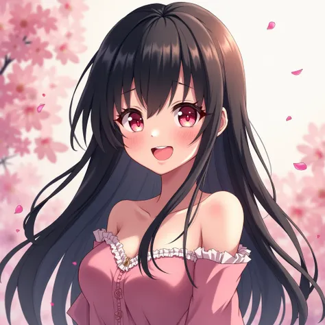  1 girl, Black hair, Hime cut, Pink eyes, Anime, smile, My hair is very long.,  boobs, 