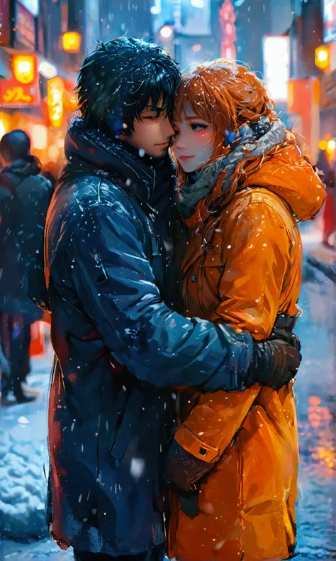  men and women hugging each other in the city at night,Manga style art ,Manga style art ,Manga style art ,Manga style art 、Quiet city 、 Its Snowing 、dressed up winter clothes、 not in hooded coats 、