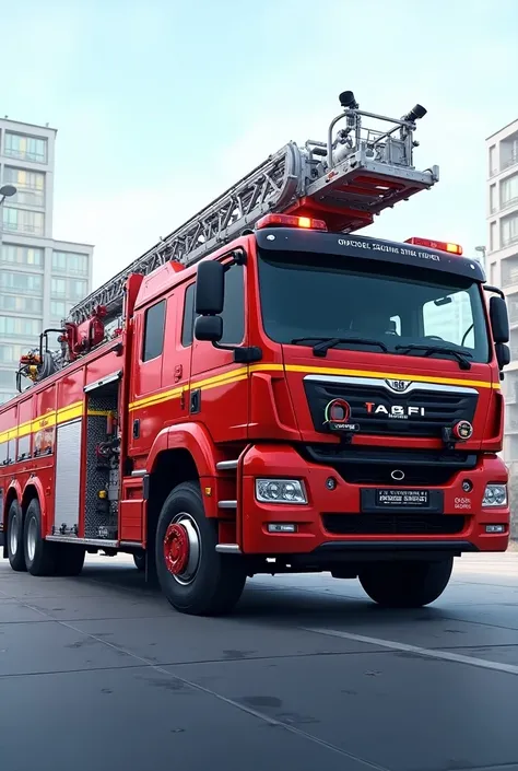 The fire truck features a sleek, modern design with a large, sturdy chassis equipped with multiple compartments for tools and equipment. It is painted in bright red with reflective yellow and silver strips for visibility and safety. The truck boasts an adv...