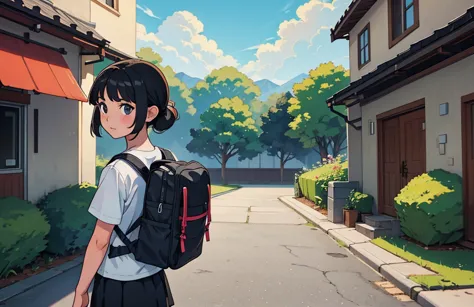 an 8-year-old girl carrying a backpack、rear view、 simple 、black hair