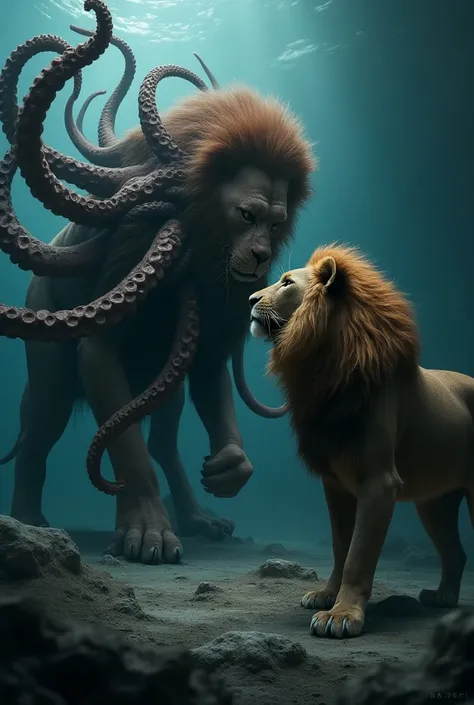 Lion and octopus facing each others 