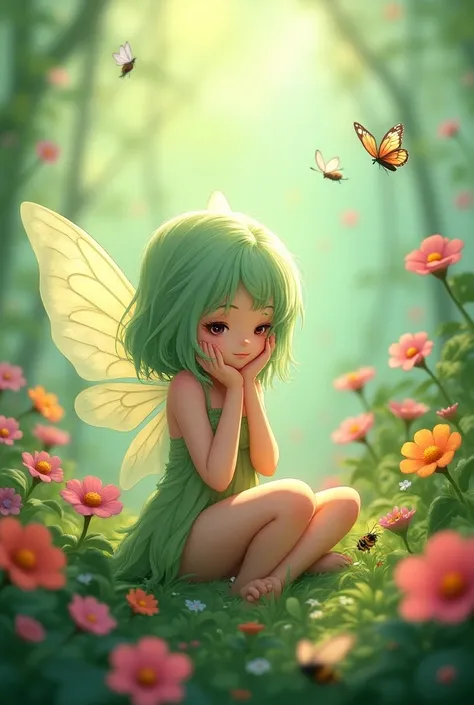 The fairy anime sits in an area full of flowers, butterflies, bees, and insects.