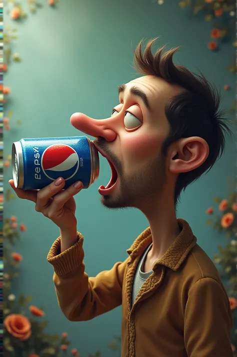 A man drinking a pepsi with his nose
