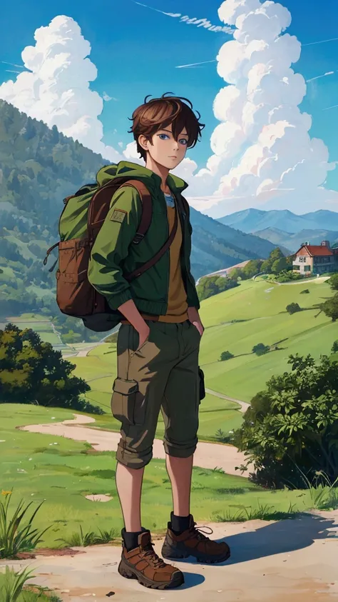 "A young man with short brown hair and blue eyes, wearing a tan hiking jacket, green cargo shorts, and brown hiking boots, stands on a grassy hill overlooking a valley. He has a green backpack on and his hands are in his pockets. The valley below is filled...