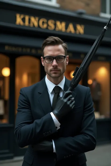 Kingsman Secret Service facing the camera close up glasses and umbrella in front of a Tailor shop