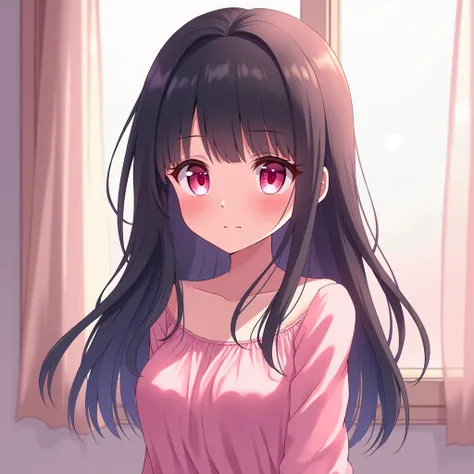  1 girl, Black hair, Hime cut, Pink eyes, Anime, My hair is very long.,  boobs, Slanted bangs, Wear a pink blouse