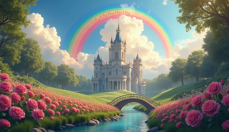 Right in front of you, there is a looming classical castle，There are colored clouds in the sky，There is a rainbow ， vaguely shows “Loris 100 Days Happy” on the rainbow， in the back garden of the castle ， There are lots of cappuccino roses in the back garde...