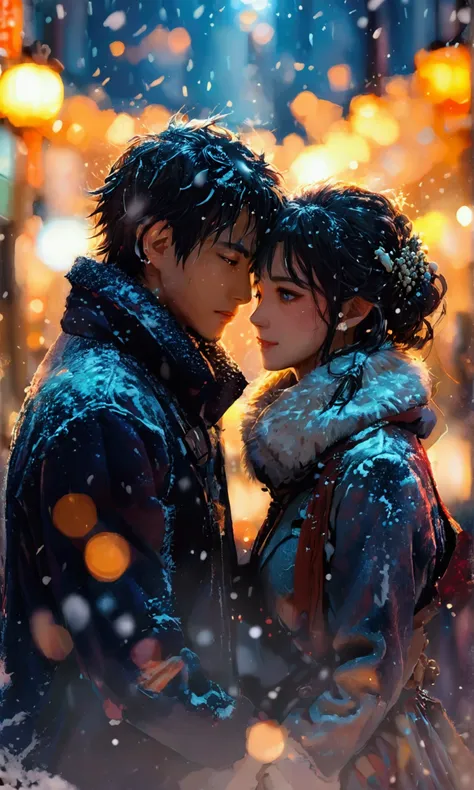 Man and woman getting married , manga style, manga style art, manga style art, manga style art, manga style、 in the city at night、 Its Snowing 、There is no one else、