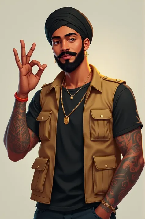 "Create a stylized character named Malo. Malo is a young man with a confident and intense expression. He has a neatly groomed beard and mustache and wears a black turban. Malo is dressed in a tan utility vest with multiple pockets over a black t-shirt. He ...