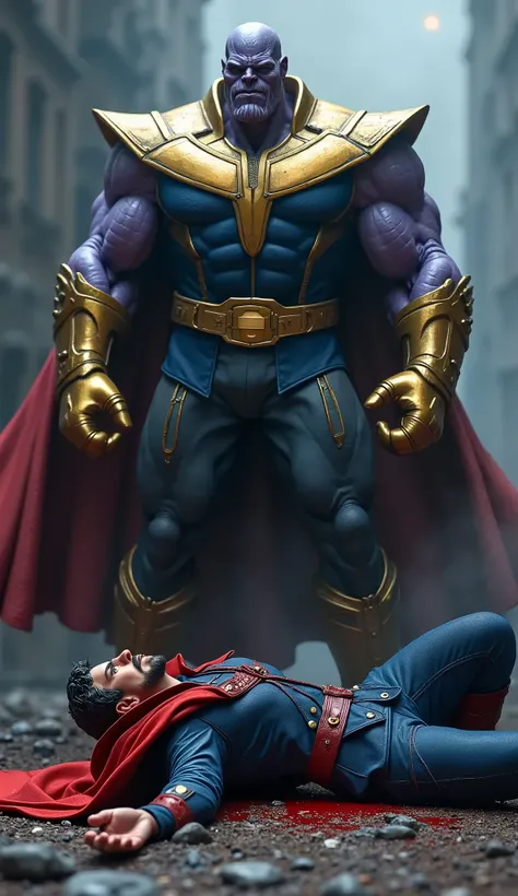 A dead Doctor strange is lying on the ground Both are bleeding from their mouths and thanos is standing with one foot on top of the thanos size bigger then Doctor strange.