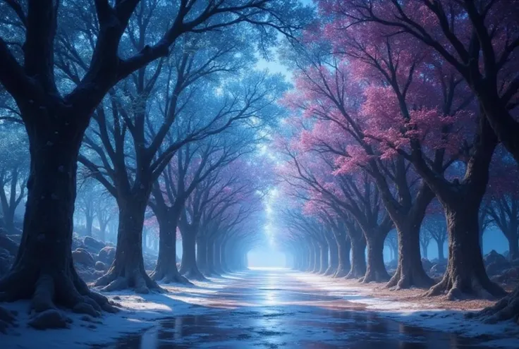  A quiet alley ， with crystal trees lined on both sides ,  shines in soft light ,  creates a fascinating atmosphere .  The floor is covered with mist , Branches sparkle ，Like a diamond ,  casts colorful reflections .  The scene creates a sense of serenity ...