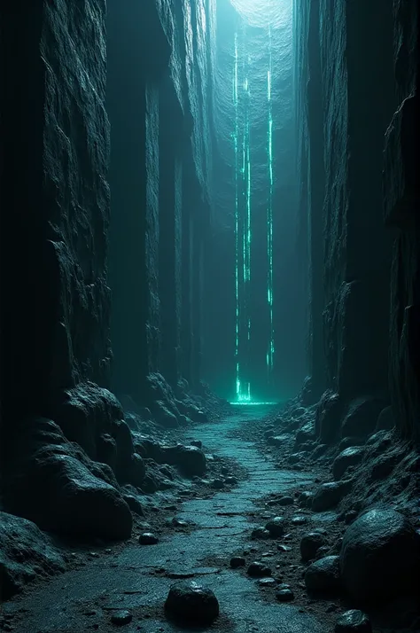 "An ominous, ancient underground maze known as the Obsidian Labyrinth, made of dark, glossy black stone resembling obsidian, its walls tall and gleaming with mysterious bioluminescent veins. The labyrinth is shrouded in darkness, casting eerie shadows, wit...