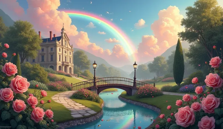 Left and right asymmetry； There is a lurking classical castle not far away ，There are colored clouds in the sky，There is a rainbow ， vaguely shows “Loris 100 Days Happy” on the rainbow， There is a path from the castle to the back garden ， in the back garde...