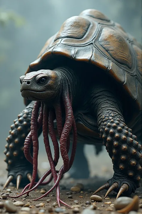 Imagine a creature that combines the intelligence and fluid movement of an octopus with the tough, armored shell and slow strength of a turtle. This hybrid would have a large, heavily-armored turtle shell—dark and mottled in color, with thick, rough ridges...