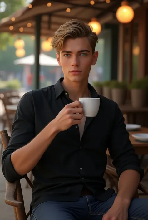 caucasusian mid teen man, blonde hair, black buttoned shirt and dark jeans, handsome, photorealistic, blue eyes, black hair, sitting relaxed at the outside of rural town restaurant with a cup of coffee , realistic, highly detailed, 8k, masterpiece,