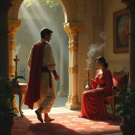 The humble disciple, with calm resolve, approaches the elegantly adorned courtesan’s house. She sits with a playful smile, holding her hookah, while he walks toward her, reflecting his sense of duty and devotion.