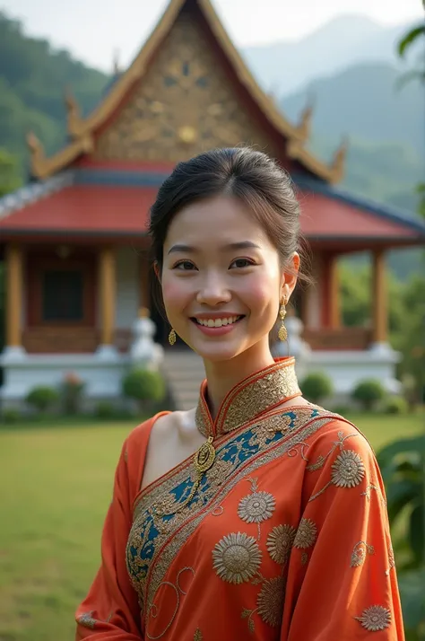 depict a realistic photo, a beautiful Thai woman, smiling sweetly in front of the camera wearing Thai clothes, the traditional Thai house is so beautiful and has a view. beautiful nature, full HD 16K