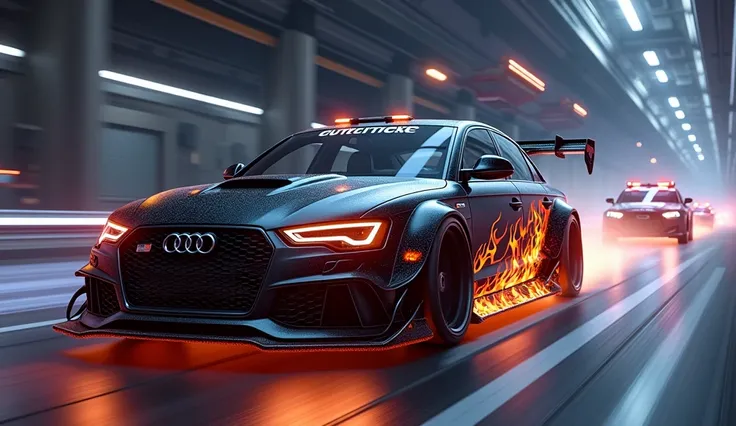 Black Audi S4, flame vinyl, wide body kit, police cars chasing behind, outer space, spaceship