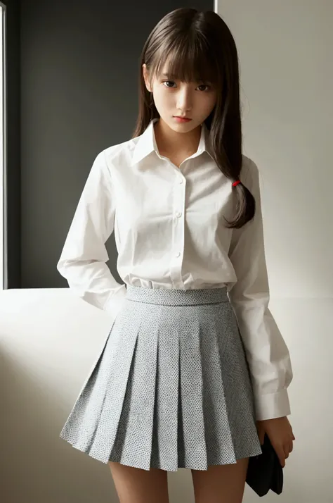 High school girl, white shirt, tiny pleated skirt