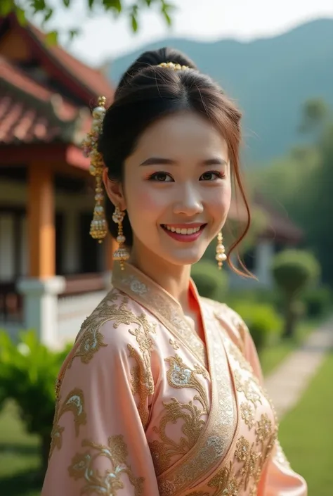 depict a realistic photo, a beautiful Thai woman, smiling sweetly in front of the camera wearing Thai clothes, the traditional Thai house is so beautiful and has a view. beautiful nature, full HD 16K