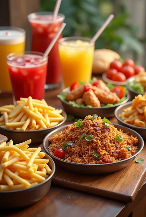 Make a pics with biryani and fries and cold drinks and macroni items 