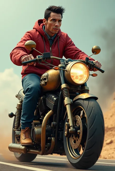 ronaldo and messi are  riding on a motorcycle with a skull on the front, vans shoes, riding steampunk motorcycle, steampunk motorcycle, motorcycle, hyper realism, riding a futuristic motorcycle, biker, super realism, badass composition, ultra HD, 8K
