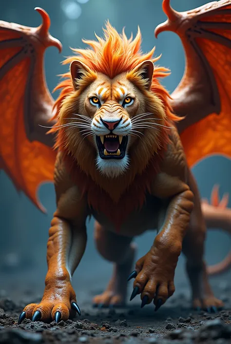 Create a hybrid image that seamlessly combines a dragan and a lion . dynamic angles to highlight their blend. danger background. Focus on vibrant colors and dynamic angles to highlight their blend.danger background. Dark. High quality. Both mixed. 