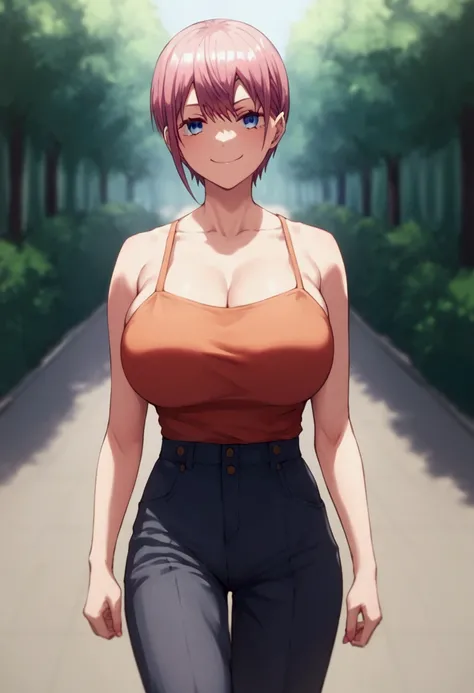    score_9,     score_8_up,     score_7_up, sauce_Anime,Nakano Ichika,   walking slowly  ,  Big breasted girl  , smirking face , virtual anime