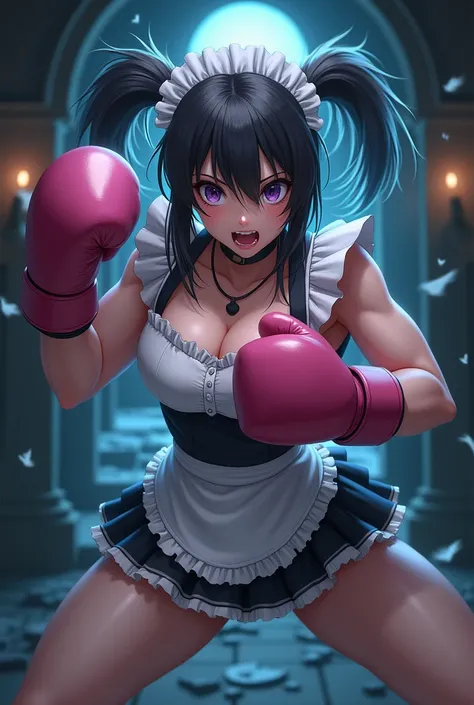 (Amazing. Super high quality. So beautiful. Super detailed. Perfect face. Perfect eyes. Perfect anatomy. Masterpiece. Incredible. Perfect lighting.) Dynamic angles. 2D. Japanese anime art. Dim colors. Attacking female maid. Punching in the front. Huge boxi...