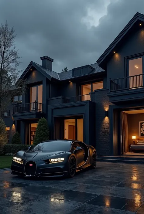 A black cozy large villa of a trillionare spread over 100 ekars and clearly fit in the scene ultra hd hyper realistic, bugati chiron of black colour is standing outside of the gate cloudy black atmosphere , black asthetic look  of night vision thunder is c...