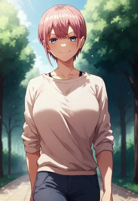    score_9,     score_8_up,     score_7_up, sauce_Anime,Nakano Ichika,   walking slowly  ,  Big breasted girl  , smirking face , virtual anime, rub your boobs