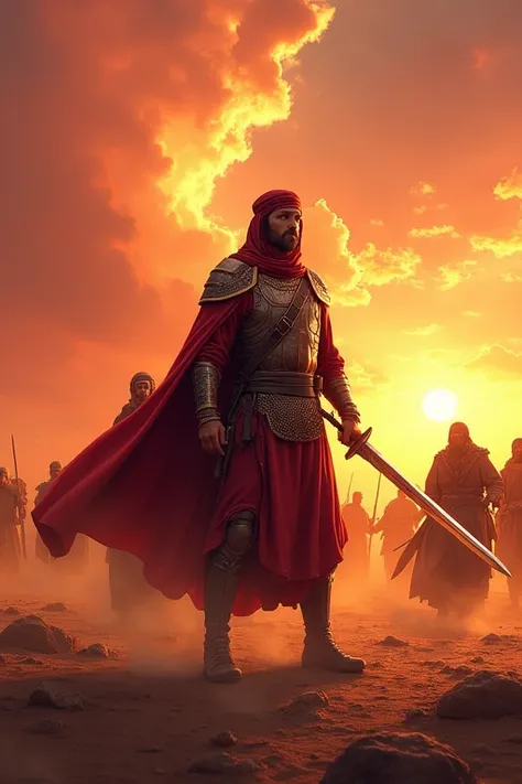 **Prompt:**

Create a YouTube thumbnail depicting the heroic story of Khalid bin Walid during the Battle of Mutah in 629 AD. The scene should highlight Khalid as a fearless warrior, wearing traditional Arabian armor, wielding a sword with a commanding pres...