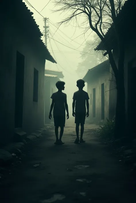 Start with an eerie, isolated village where two best friends, Raju and Vikram, live. Introduce their close bond and adventurous spirits. Clean background lonly drak