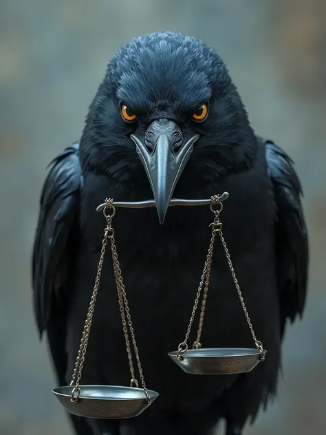 a realistic image of a raven looking straight into the eyes of the viewer, the raven is holding a titanium-colored platform scale in its beak and in a balanced position