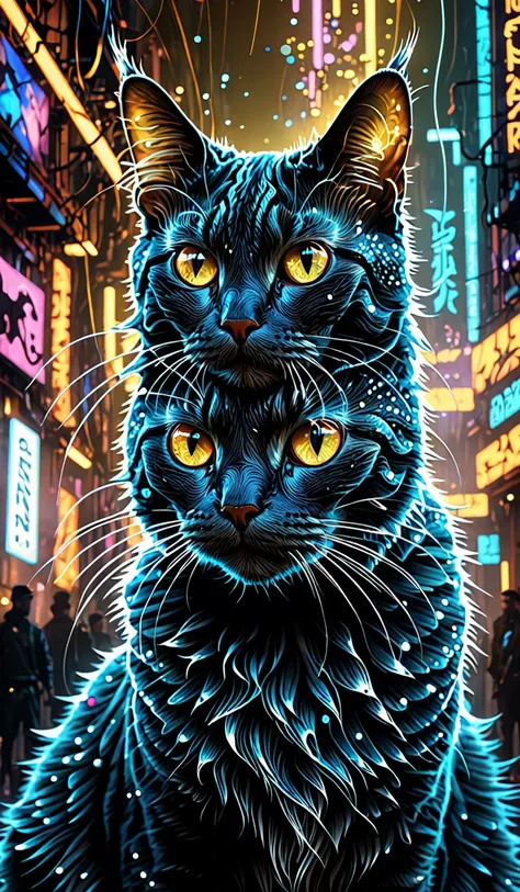 a cat made of fractals, glowing and sparkling with glitter,look at audience, Extremely clear hair, glowing eyes,masterpieces, 8k, extreme details,Diffuse hallucinatory cat composed of light matter and cybernetic threads, ultra detailed illustration, comple...