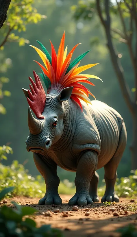 "In an African forest clearing, a unique hybrid creature stands amidst dense greenery and sunlit patches of ground. This hybrid has the muscular body and thick, grey skin of a rhino, with a rough texture, while its head resembles a rooster’s, featuring a b...