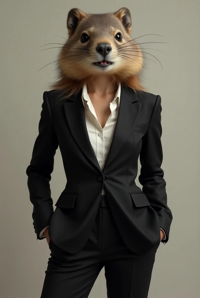 Sexy beauty with both sides of a macho marmot wearing a suit