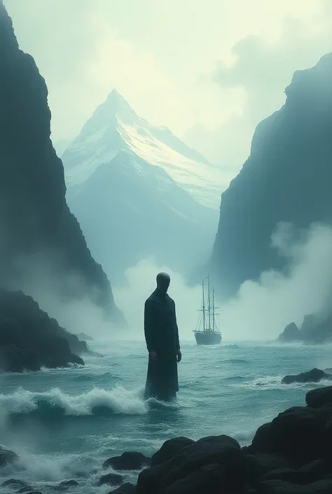 Abstract video man standing in the sea. There are mountains in the back and smoke everywhere and a ship which came to help him