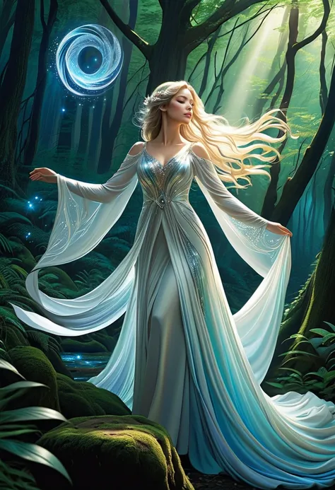 (Best Quality,4K,8k, high resolution on down,masterpiece:1.2), Super detailed, (Realistic,photoRealistic,photo-Realistic:1.37),  in the center of the magical forest ,  shrouded in moonlight passing through her upper canopy ,  the forest stands .  she is an...