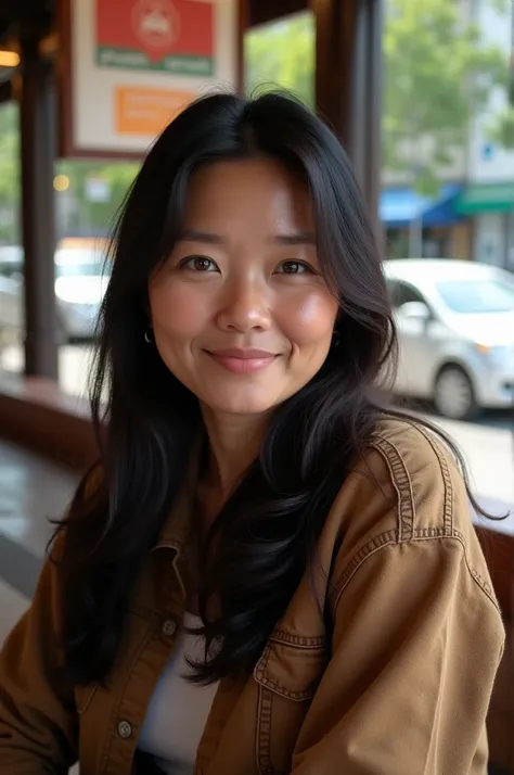 (photorealism:1.2),
Chubby Thai woman 45 year old with long, dark hair sits by a large The scene captures a warm, soft natural light illuminating her face, and there’s a relaxed, calm expression on her face as she looks toward the camera. Outside, parked c...