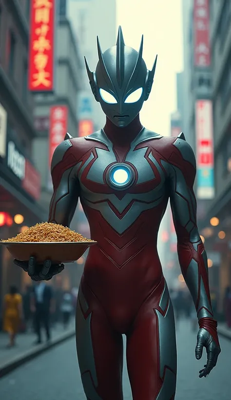  Diga Ultraman on Earth shines, Carrying a bowl to eat noodles ，Very tired look，masterpiece,  is the best quality,  1 boy, alien, Male focus,  alone,  1 boy, Special effects, whole body, (Huge), railing,  sparkling eyes, Light from below, White eyes , 