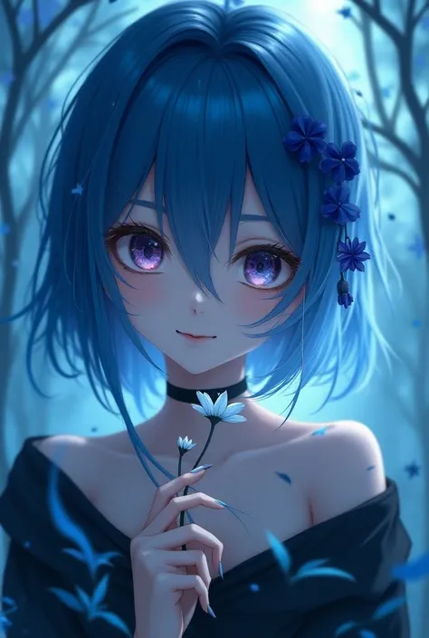 Anime girl with blue hair and creepy face，Holding a flower in hand, By Yumi,  Anime Art Wallpaper 4K,  Anime Art Wallpaper 4K, Anime Art Wallpaper 8K, detailed  digital anime art , 4k comics wallpaper,  demon anime girl , Anime style 4K, Digital Anime Illu...