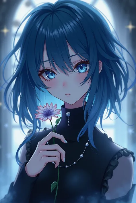 Anime girl with blue hair and creepy face，Holding a flower in hand, Animation drawn by Yuumei ,   pixiv Contest Winner  ,  gothic art ,  Anime Art Wallpaper 4K,  Anime Art Wallpaper 4K, Anime Art Wallpaper 8K,  detailed digital anime art, 4k comics wallpap...