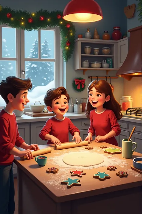 Imagine a cozy kitchen filled with warm light radiating from an open oven. At the center of the scene is the process of baking Christmas cookies. The main characters, a few friends or family members, are happily engaged in baking and decorating cookies. On...